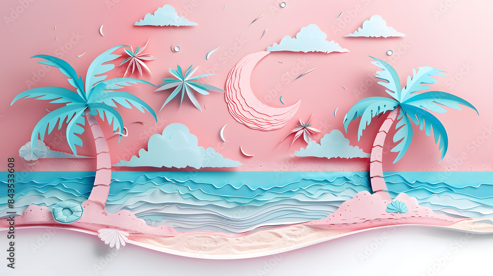 Poster 3d paper art of a beach with palm trees and clouds in a pink and blue color theme
