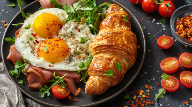 Breakfast with fried eggs and croissant sandwith with ham, cheese and salad. Delicious morning breakfast. Top view.