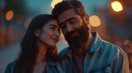  A Turkish man and woman stand together, encapsulating the magic of romance. Their affectionate gaze and genuine smiles create a captivating scene, evoking the essence of love's beginning. The soft li