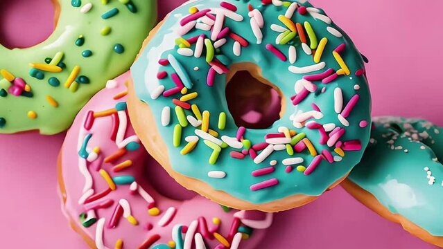 A stack of donuts with a soft pastel-colored topping, on plain background. Delicious donuts with colorful colored glaze. Generative AI