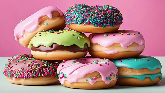 A stack of donuts with a soft pastel-colored topping, on plain background. Delicious donuts with colorful colored glaze. Generative AI