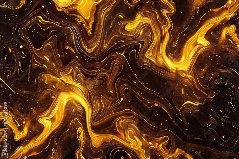 Poster abstract digital painting featuring liquid gold swirls and streaks against a dark background, creati