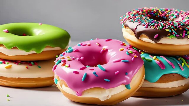 A stack of donuts with a soft pastel-colored topping, on plain background. Delicious donuts with colorful colored glaze. Generative AI