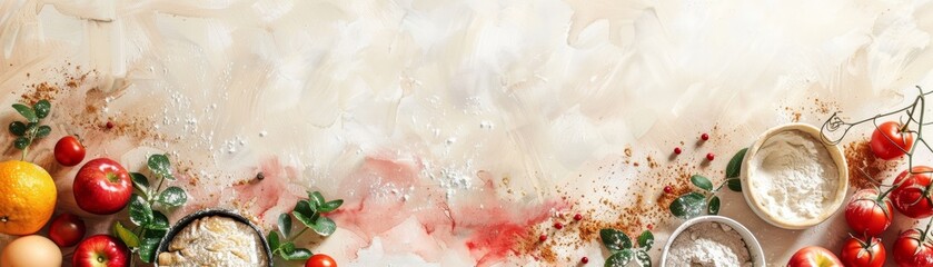 Top view of fresh ingredients like tomatoes and herbs on a marble kitchen counter with utensils, offering a vibrant cooking workspace.