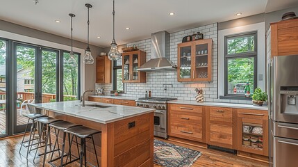 A modern kitchen island with rustic cabinetry and natural light coming in through the window and sliding glass doors