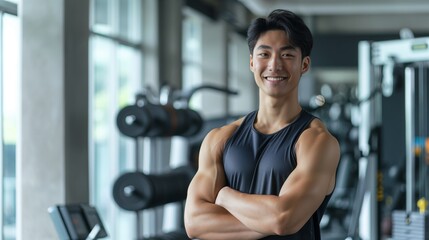 Japanese Male Fitness Trainer in Modern Gym Setting for Workout Inspiration and Health Promotion