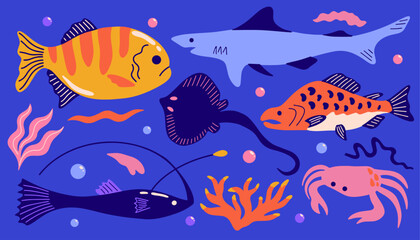 Naklejka premium Colorful cartoon underwater set with exotic animals and plants: fish, seaweed, algae, coral, shark, stingray, crab. Ocean, sea fauna, different marine creatures, species vector illustration elements