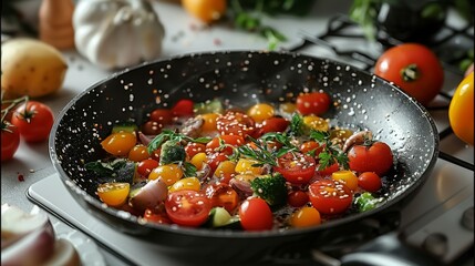 High-end kitchen, frying pan is the center of view, delicious food is in the pan, vegetables and fruits are next to the pan. Generative AI.