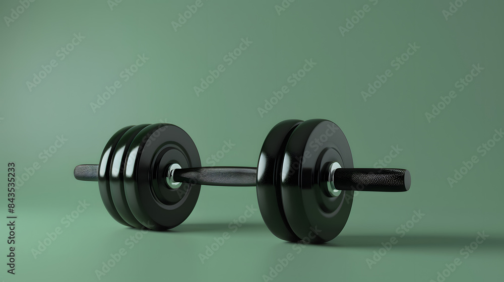 Poster 3d render of a minimalist modern dumbbell set on a green background.