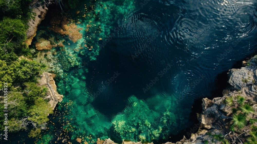 Poster aerial view of a stunning cenote with a visible halocline that adds movement and texture to the wate