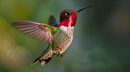 Fototapeta premium A hummingbird flying in the air with its wings spread out, with colorful feathers and a red chest