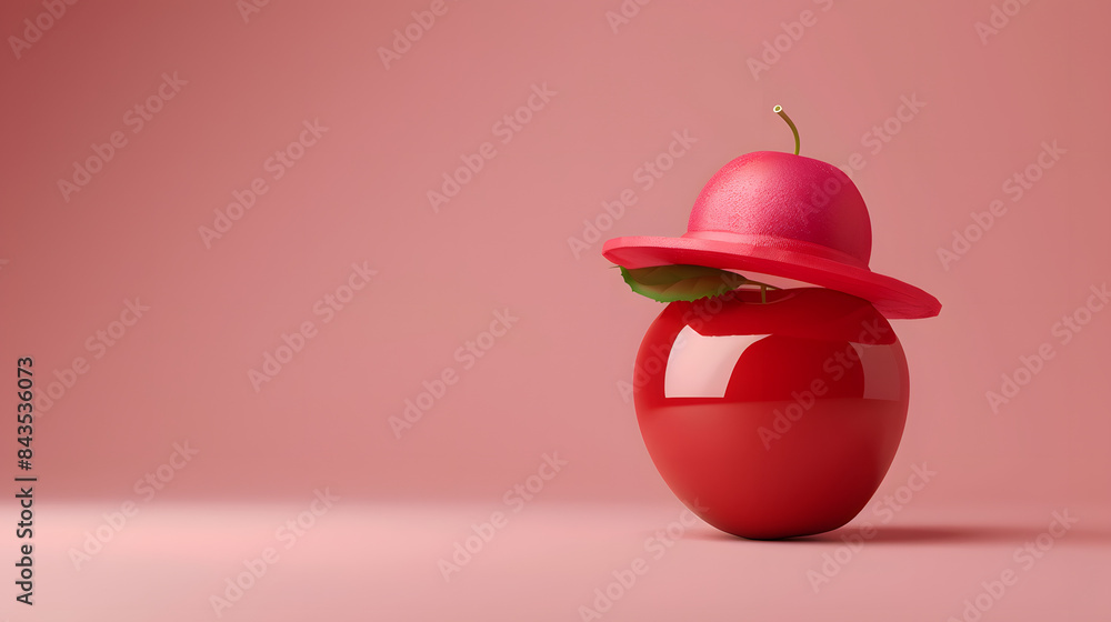 Poster 3d render of a red apple with a hat on top. minimal background. simple composition. high resolution.