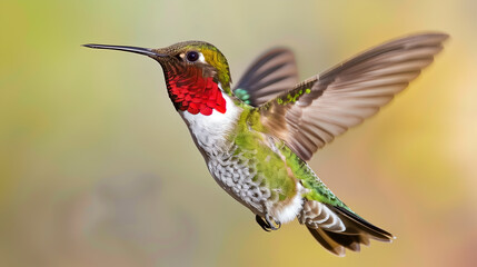 A hummingbird flying in the air with its wings spread out, with colorful feathers and a red chest