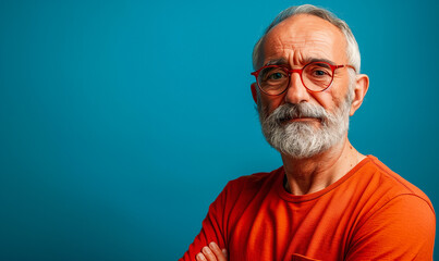 Obraz premium Close-up portrait of a happy, kind senior man with a long white beard, wearing glasses and a plaid shirt, smiling genuinely against a vibrant blue background