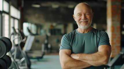 Fototapeta premium Elderly Fitness Trainer Smiling Warmly in Gym, Promoting Active Lifestyle and Wellbeing, Ideal for Health and Wellness Campaigns