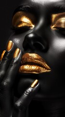 A close-up portrait of a glamorous Black woman with golden makeup and shiny skin, showcasing beauty and high fashion. Perfect for themes of elegance and creative cosmetics.