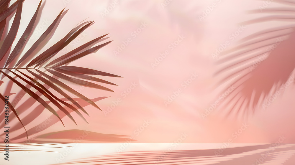 Poster blurred shadow from palm leaves on the light pink wall. minimal abstract background for product pres