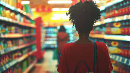 Black woman shopping in a supermarket seen from behind