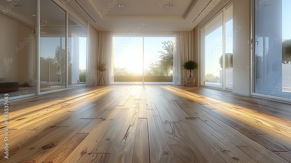 Poster modern empty room with modern wood floor. generative ai.