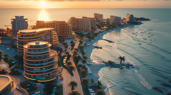 Big real estate complex near the sea, modern technology, investment, luxury real estate, city near sea, sunny day. Aerial high view. Generative AI.
