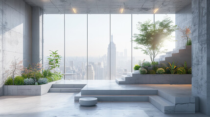 Modern bright interiors 3D rendering illustration. Living room with big windows
