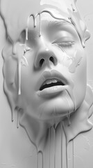 Abstract artistic portrait of a face covered with flowing White paint