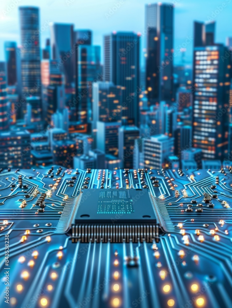 Poster microchip in a futuristic cityscape setting - a sharp focus on a microchip with an imaginative citys