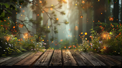 wooden table with blur green nature background for display product	