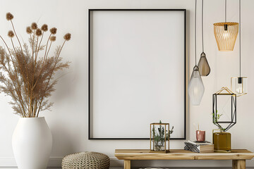 Mockup black poster frame and accessories decor in cozy white interior background