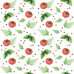 Seamless pattern from tomatoes, peppercorns and green basil, herbs. Hand drawn watercolor illustration on white background. Template for design menu, textiles, printing, packaging.