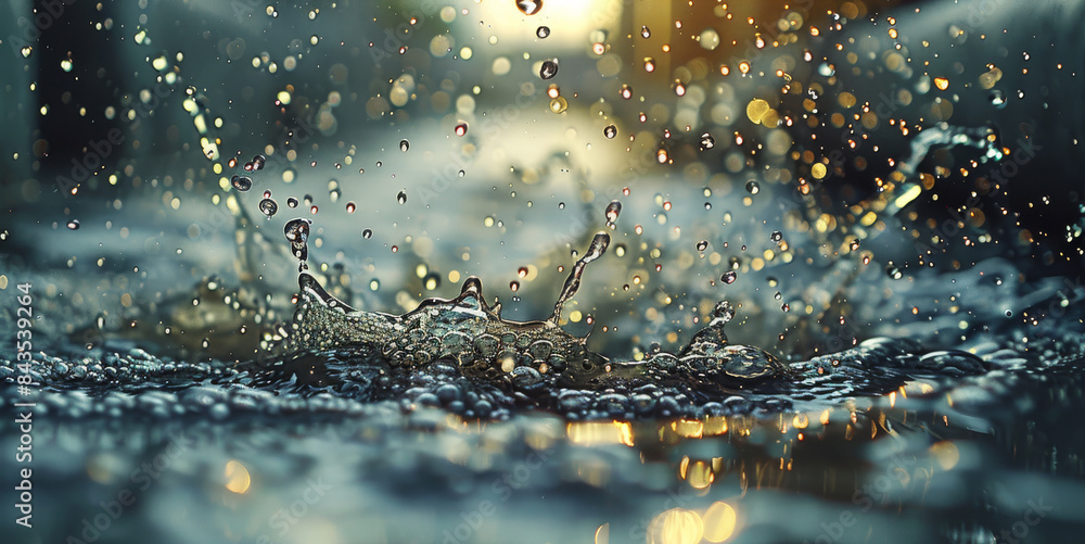 Poster water leaking from a worn-out pvc pipe, with droplets glistening in the light and splashing onto the