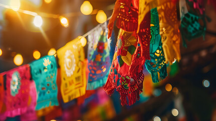 Colorful paper flags and garlands hanging in the air, traditional fiesta decoration for Hispanic Heritage Month