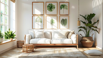 Interior of modern living room with wooden sofa, rattan basket and plants. 3d render