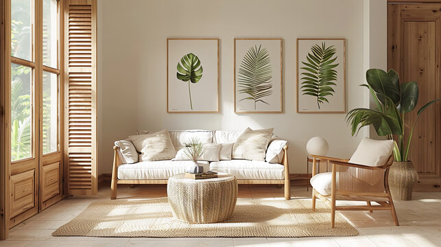 Modern living room interior design with white sofa, rattan armchair, coffee table and tropical plants. 3d render - Powered by Adobe