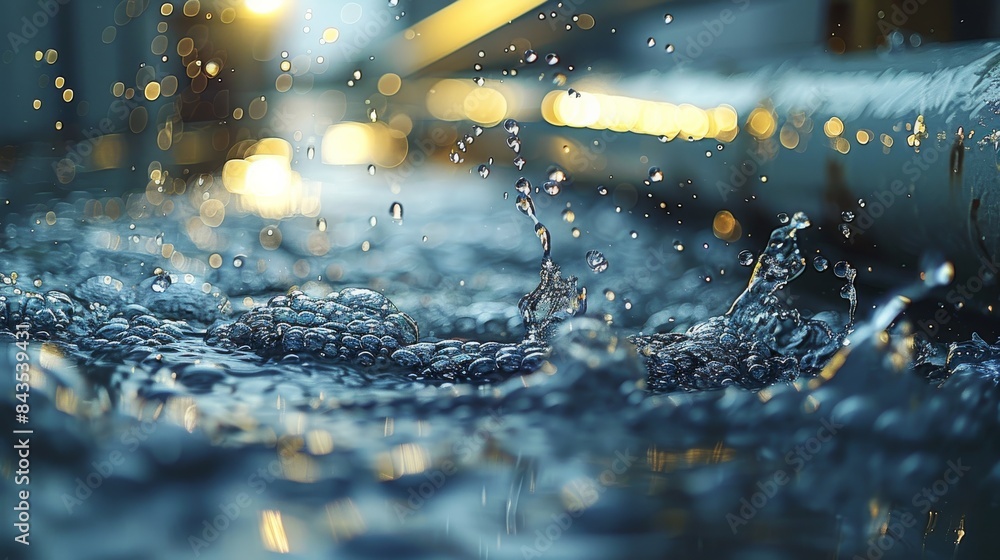 Poster water leaking from a worn-out pvc pipe, with droplets glistening in the light and splashing onto the