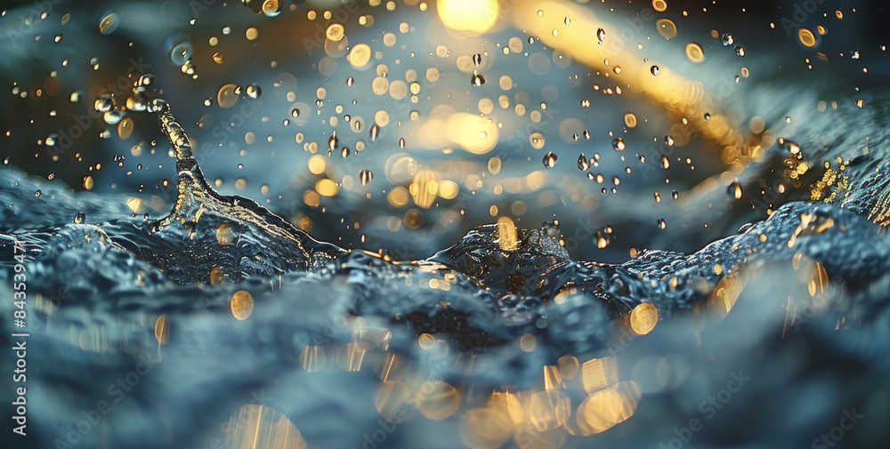 Poster water leaking from a worn-out pvc pipe, with droplets glistening in the light and splashing onto the