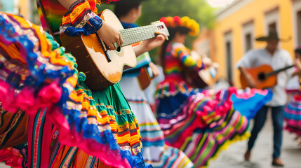 Mexican traditional dance and music performance in colorful costumes, closeup of guitar players during fiesta parade on street background.