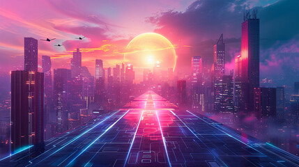 Futuristic city at sunset with glowing neon lights. 3d rendering