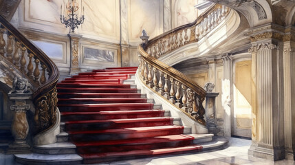 Obraz premium water colour painting, antique staircase, highly detailed, muted coloured, red and beige, stunning sunlight effect