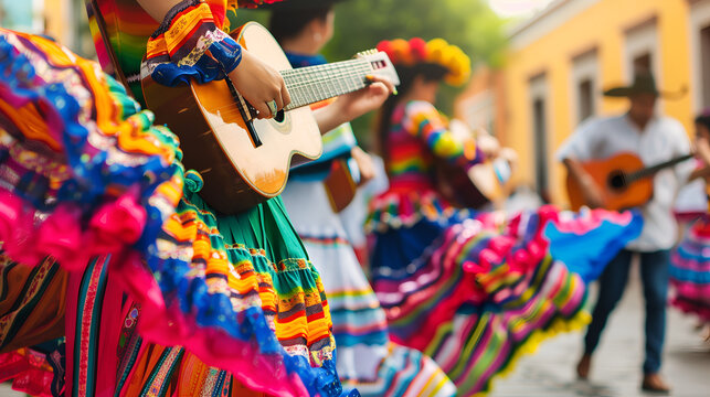 Fototapeta Mexican traditional dance and music performance in colorful costumes, closeup of guitar players during fiesta parade on street background.