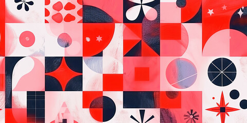 Obraz premium Abstract geometric background with circles, squares, spots and lines in red and black colors