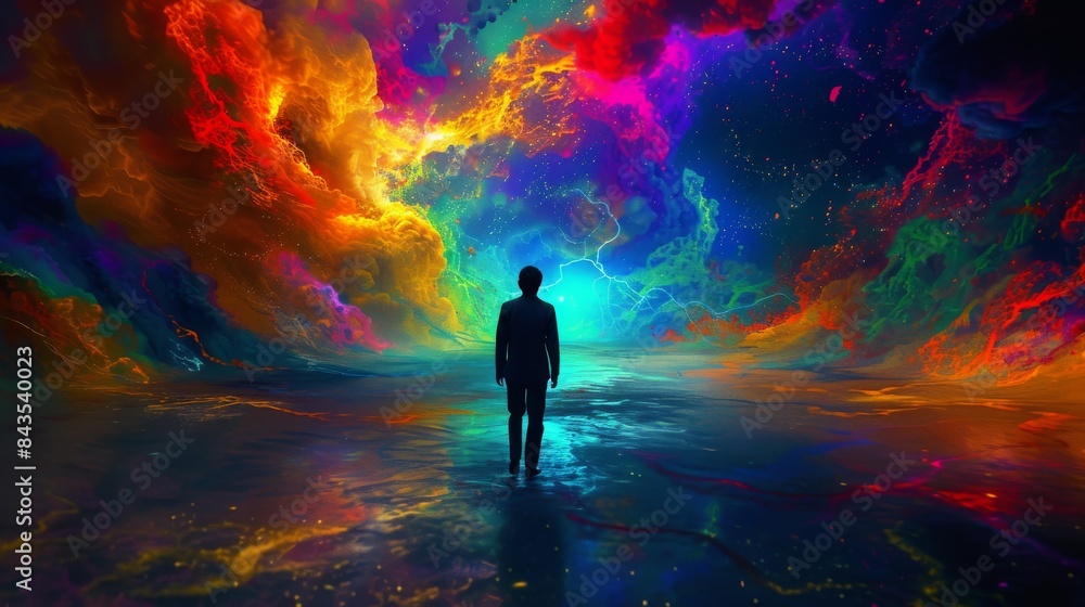 Aufkleber imagine a cinematic scene where the inner world of the main character is presented as a colorful and