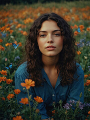 Naklejka premium Woman in Denim Shirt Sitting in a Field of Wildflowers