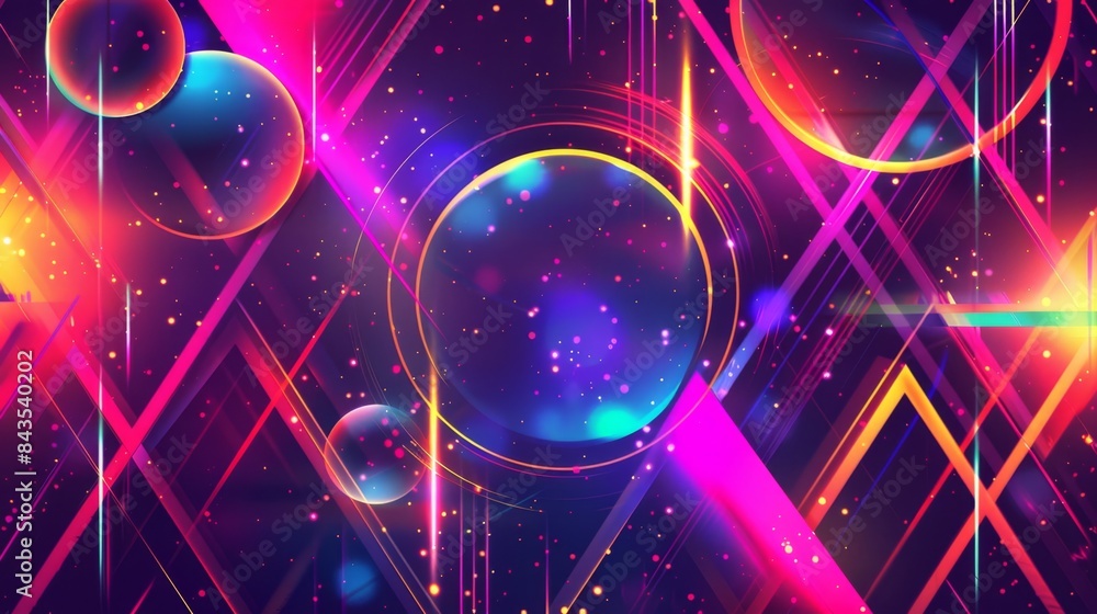 Poster vibrant abstract geometric background featuring colorful neon lights and various shapes, creating an