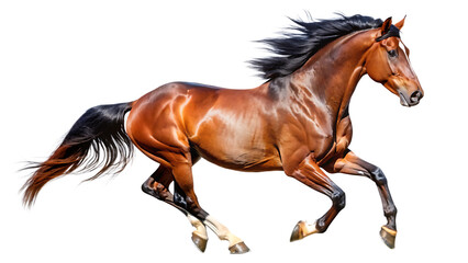 Obraz premium Handsome brown stallion galloping, jumping. Isolated horse png WHITE BACKGROUND. AI GENERATED