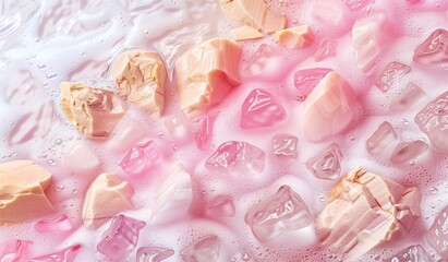 Creative wallpaper abstract image of white round smooth pebbles under clear water with waves. gentle, light cart background. View from above. Place for text