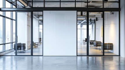 A white wall mockup in an office with glass doors and black furniture, in an industrial style...