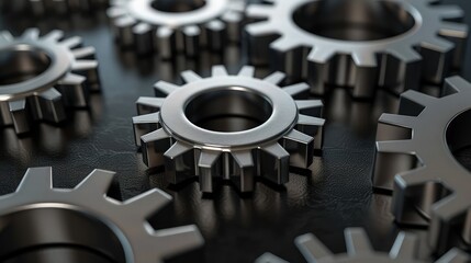 An abstract design featuring sleek silver gears on a matte black background, symbolizing the mechanics of business and teamwork.