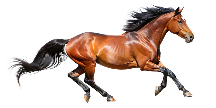  Handsome brown stallion galloping, jumping. Isolated horse png WHITE BACKGROUND. AI GENERATED