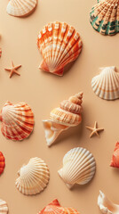 Seashells and starfish on a smooth beige surface.